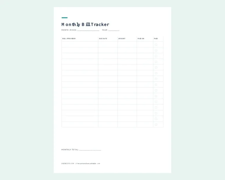 Monthly Bill Tracker Printable preview