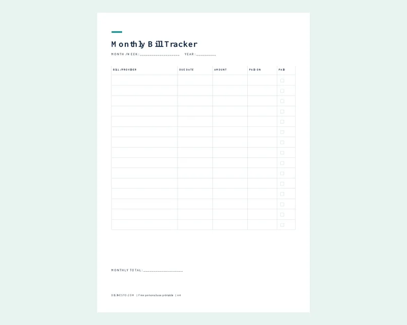 Monthly Bill Tracker Printable preview